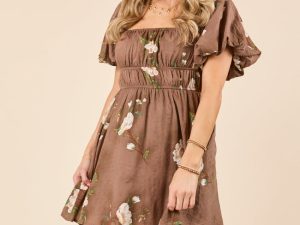 Cassandra Brown Puff Sleeve Mini Dress