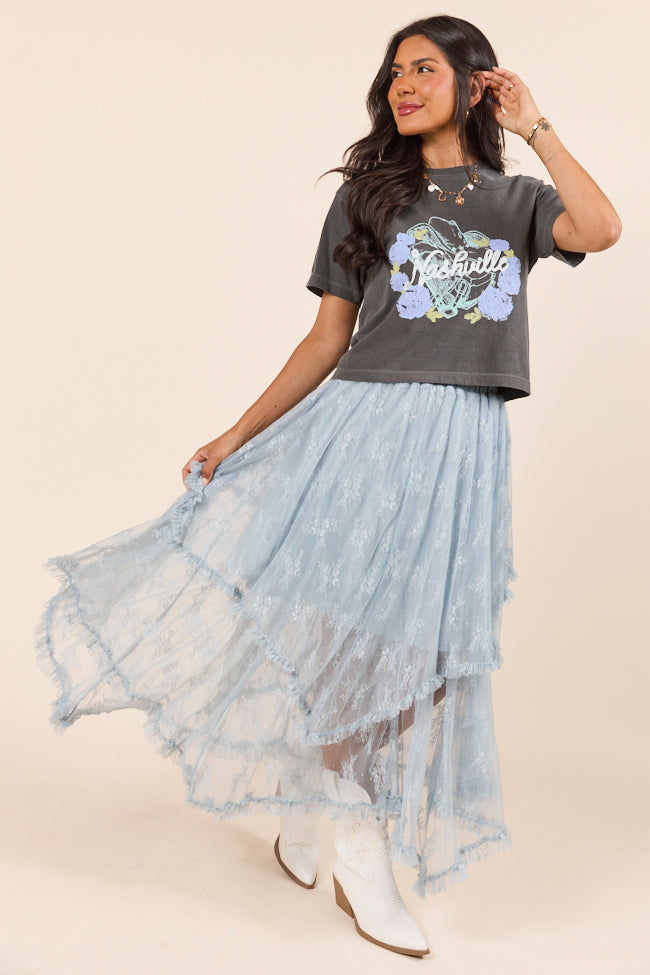 Cynthia Dusty Blue All Over Lace Hanky Hem Skirt - Image 2