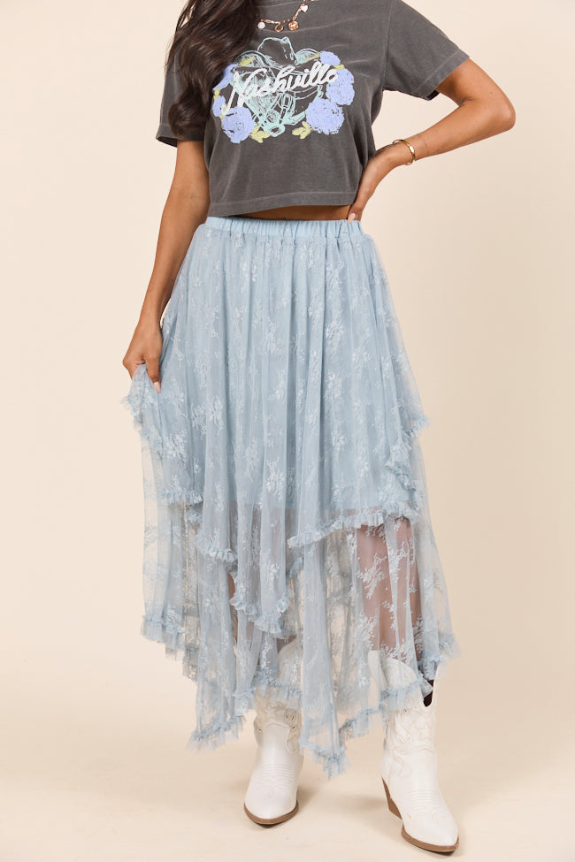 Cynthia Dusty Blue All Over Lace Hanky Hem Skirt