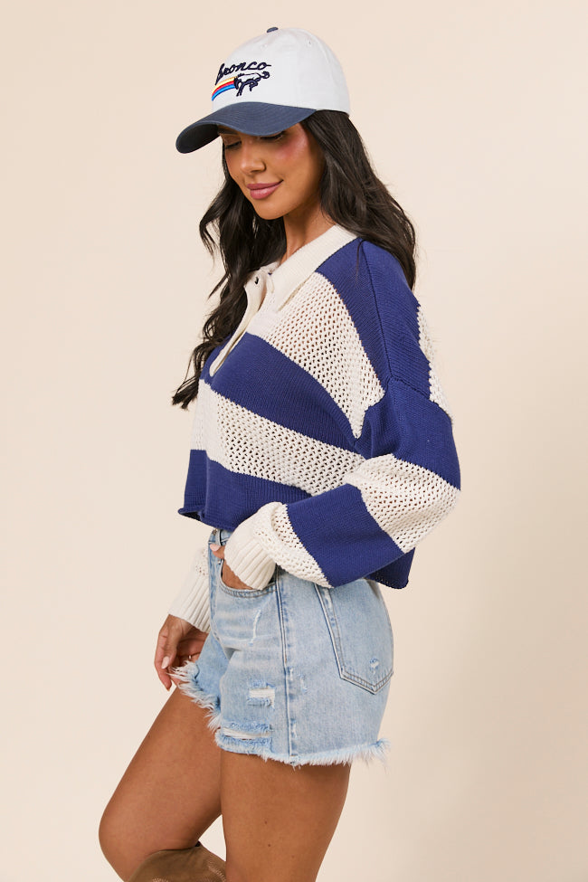 Zebb Long Sleeve Navy Blue Striped Open Knit Sweater FINAL SALE - Image 5