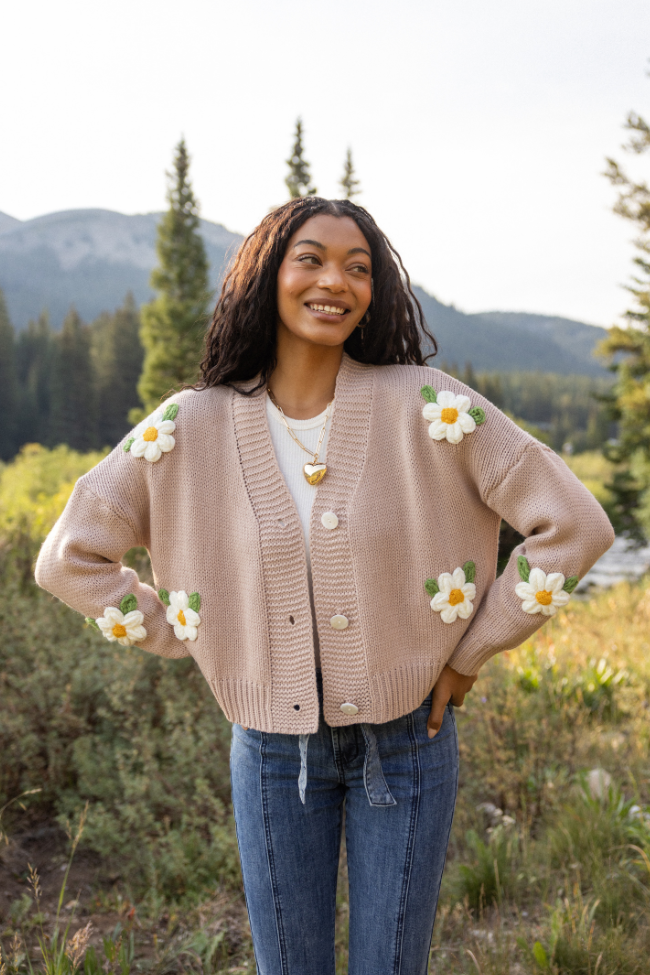 Samantha Long Sleeve Taupe Daisy Cardigan