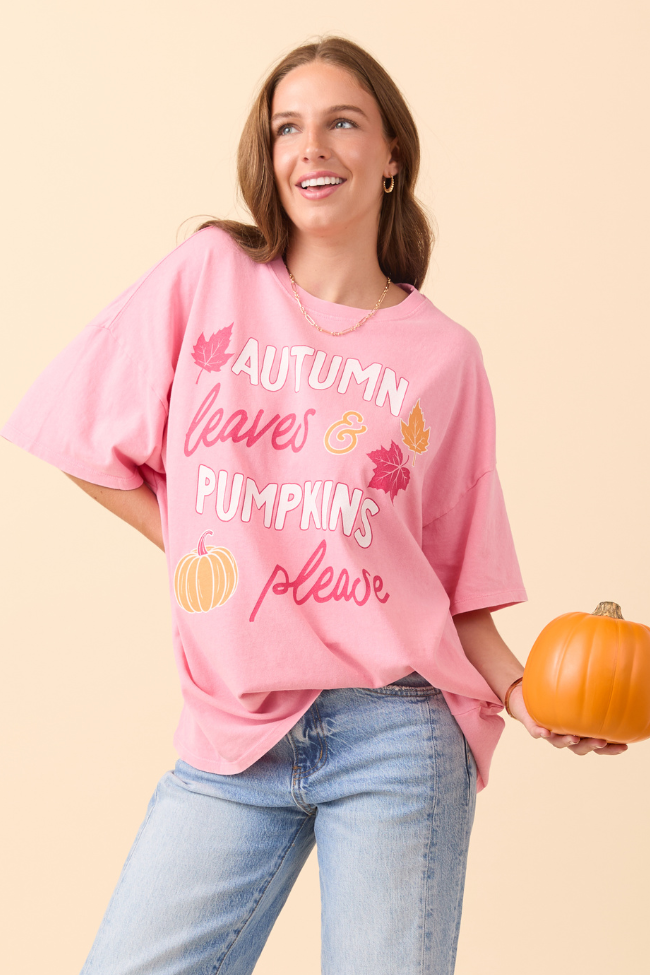 Autumn Leaves & Pumpkins Please Taffy Pink Oversized Graphic Tee - Image 3