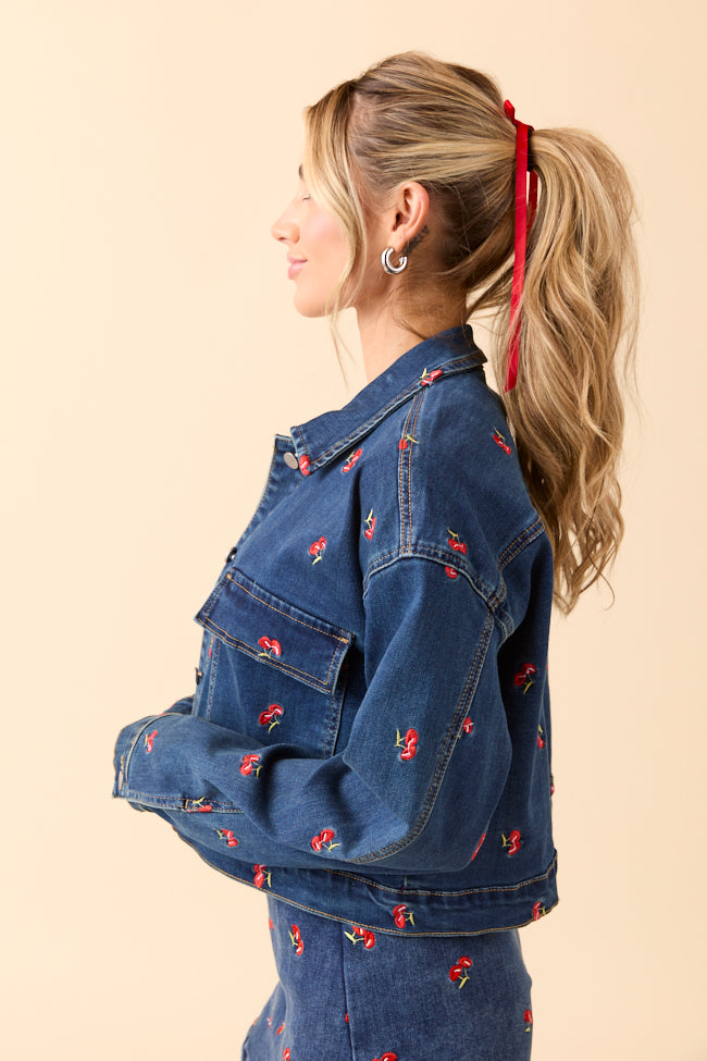 My Favorite Cherry Embroidered Stretch Denim Jacket FINAL SALE - Image 6