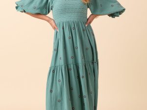 Dress To Impress Sage Floral Stitched Smocked Top Dress