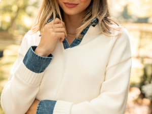 Cecil Ivory And Denim Collared Sweater