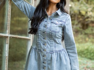 My Favorite Medium Wash Long Sleeve Button Front Mini Dress