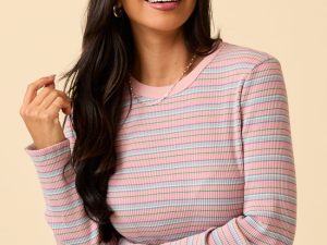 Keiko Pink Multi Striped Long Sleeve Crewneck Top