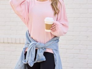 Caroline Pink Brushed Waffle Crewneck Pullover