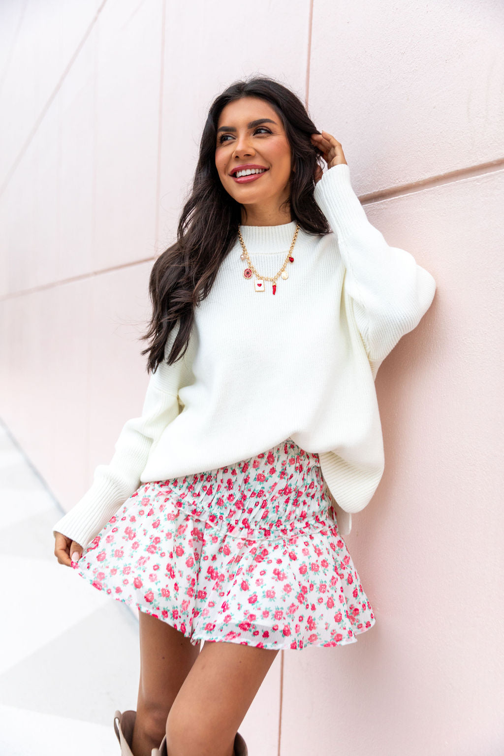 Cross My Path Ivory and Red Drop Smocked Waist Mini Skort FINAL SALE - Image 2