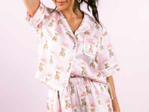 Snuggled Up Teddy Bear Printed Contrast Tie Detail Satin Pajama Shorts FINAL SALE