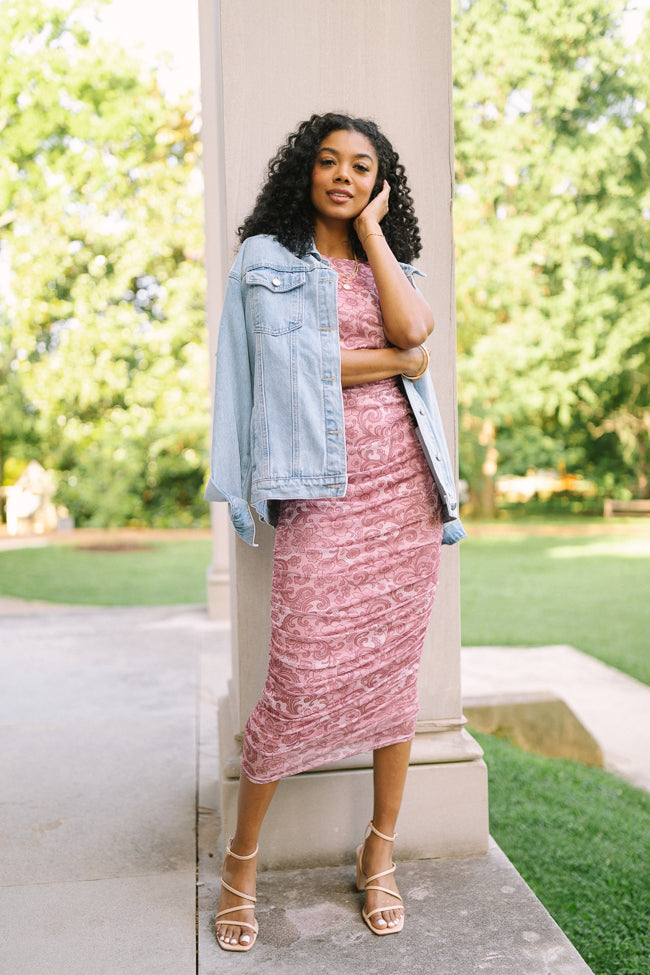 Ali Mauve Lace Print Mesh Midi Dress - Image 3