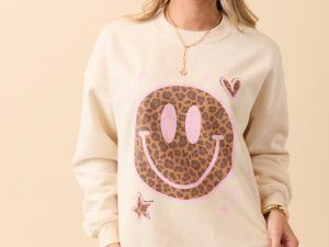 Leopard Smiley Face Cream Graphic Sweatshirt