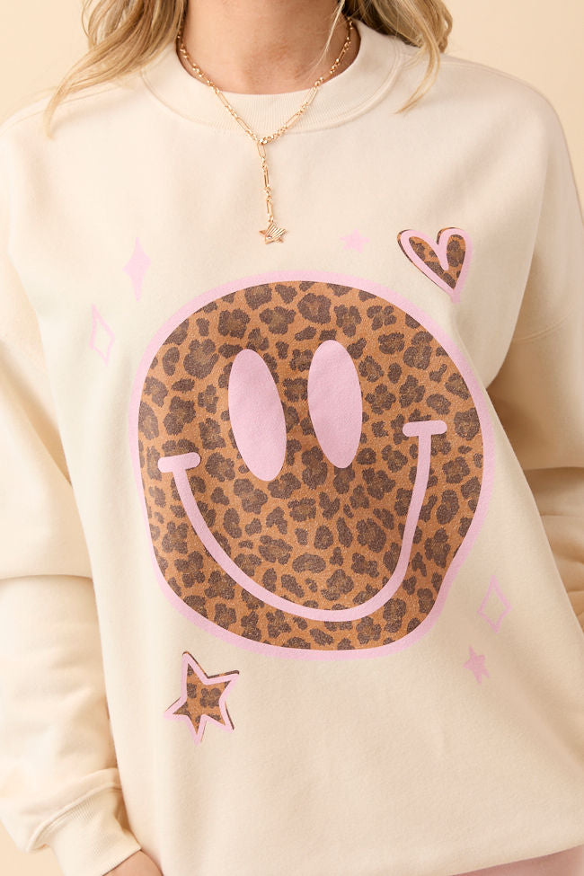 Leopard Smiley Face Cream Graphic Sweatshirt - Image 2