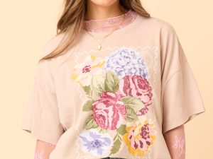 Floral Stamp Taupe Oversized Graphic Tee