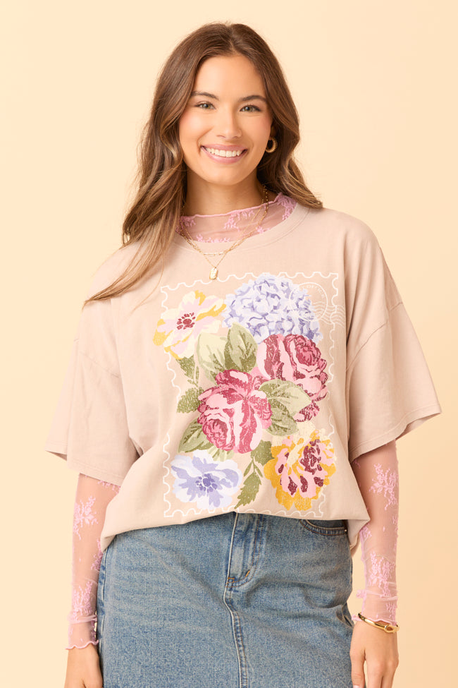 Floral Stamp Taupe Oversized Graphic Tee