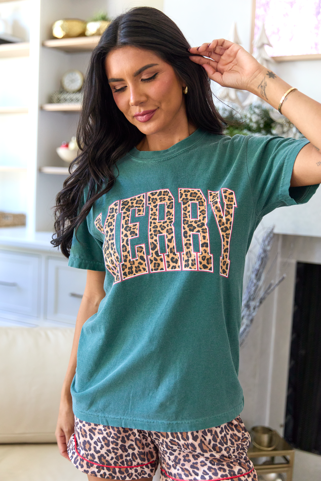 Merry Block Leopard Dark Green Graphic Tee