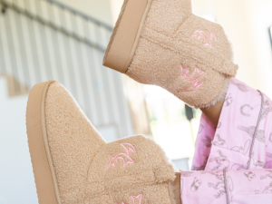 Cooper Tan Flair Stitch Shearling Platform Slippers DOORBUSTER