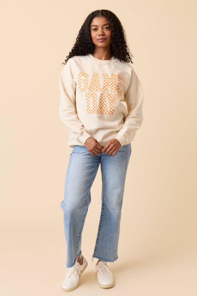 Checkered Orange Game Day Cream Graphic Sweatshirt - Image 3