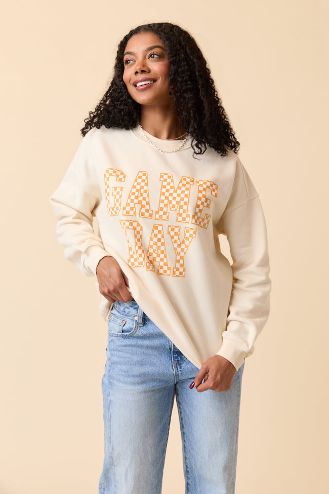 Checkered Orange Game Day Cream Graphic Sweatshirt - Image 4