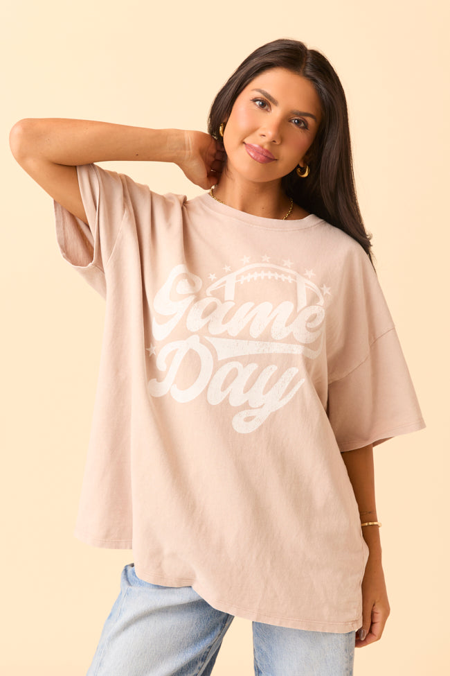 Game Day Script Taupe Oversized Graphic Tee