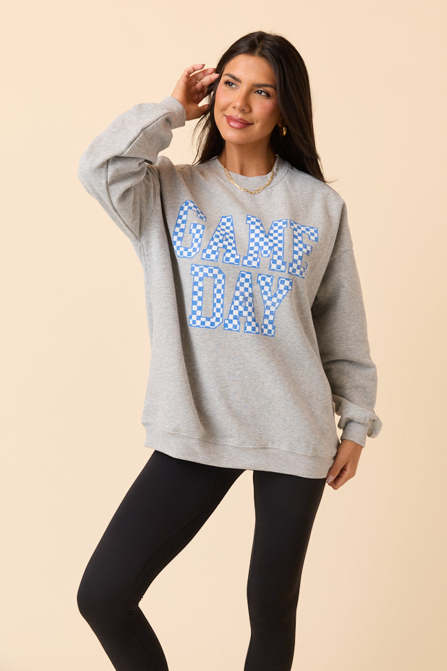 Checkered Blue Game Day Light Grey Graphic Sweatshirt - Image 4