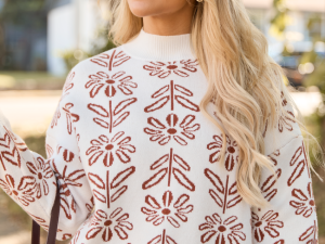 Holly Ivory And Brown Floral Mock Neck Sweater