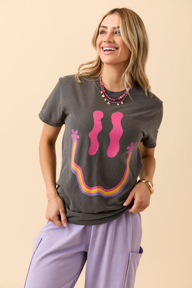 Retro Smiley Dark Grey Graphic Tee - Image 3