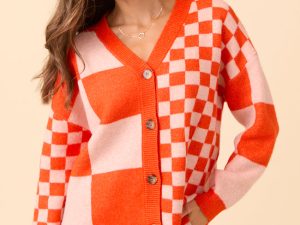 Alyssia Coral And Orange Checkered Cardigan