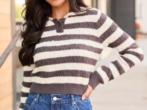 Arabella Brown Striped Cable Knit Crewneck