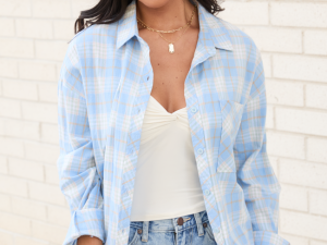 Rory Blue and Cream Plaid Button Down Top