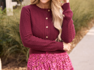 Aniston Burgundy Scallop Detail Cardigan
