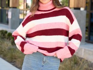Shaylee Pink And Berry Stripe Turtleneck Sweater