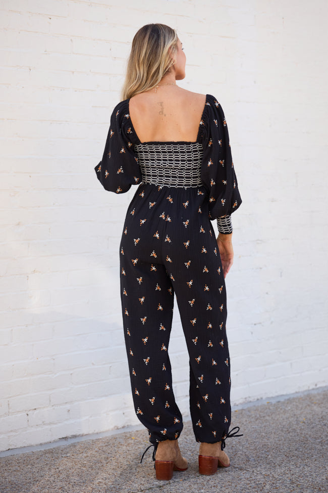 Dress To Impress Black Floral Stitched Smocked Top Jumpsuit - Image 4