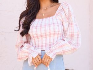 Willow Pink Plaid Smocked Balloon Sleeve Top