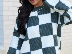 Raylee Green Checkered Crewneck Sweater