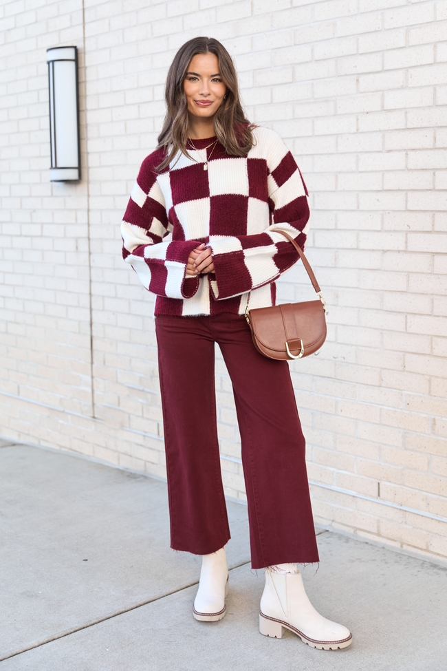Raylee Burgundy Checkered Crewneck Sweater - Image 2