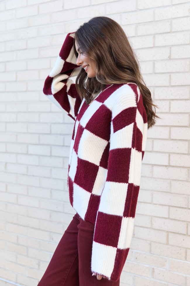 Raylee Burgundy Checkered Crewneck Sweater - Image 4