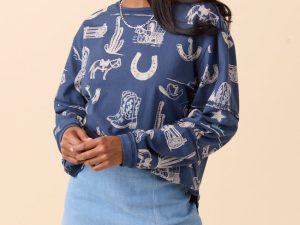 Zuri Blue Long Sleeve Western Tee