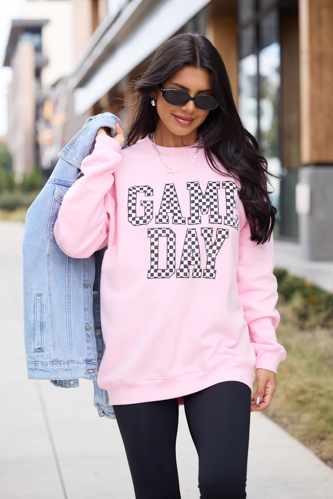 Checkered Game Day Light Pink Graphic Sweatshirt - Image 3