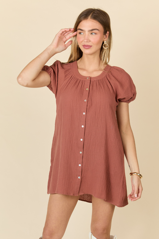 Life Of The Party Brown Gauze Short Sleeve Mini Dress FINAL SALE - Image 2