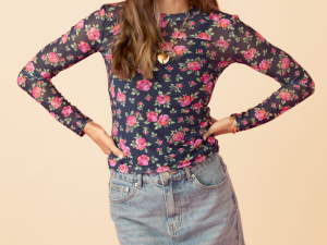 Ansley Long Sleeve Blue Floral Mesh Crewneck Top