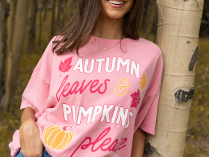 Autumn Leaves & Pumpkins Please Taffy Pink Oversized Graphic Tee