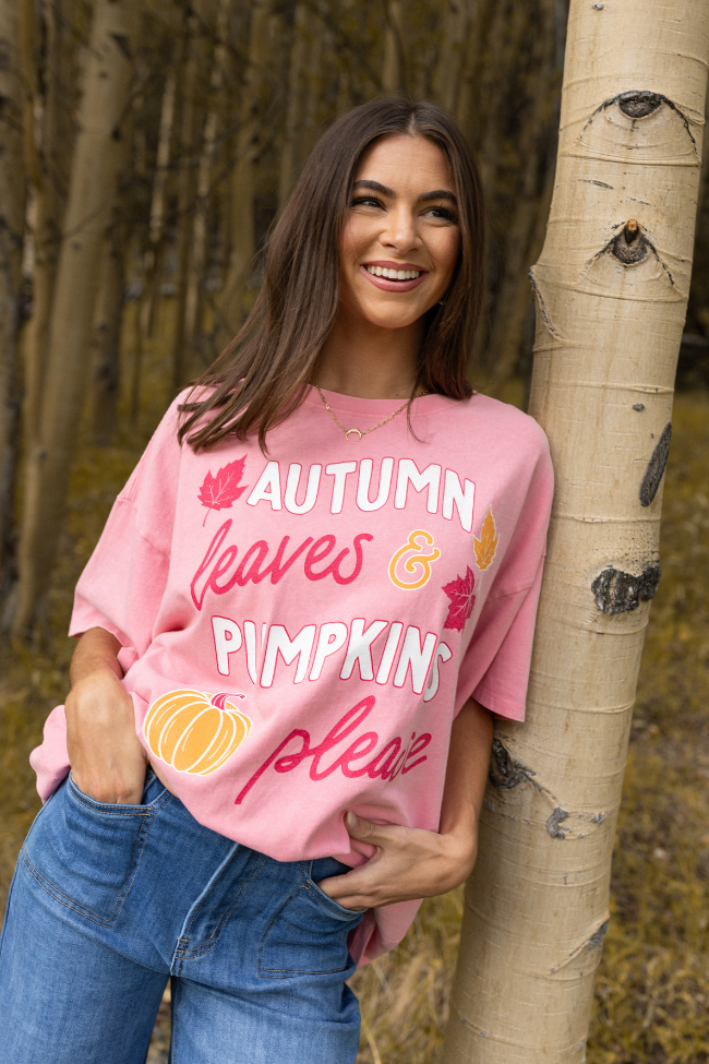 Autumn Leaves & Pumpkins Please Taffy Pink Oversized Graphic Tee