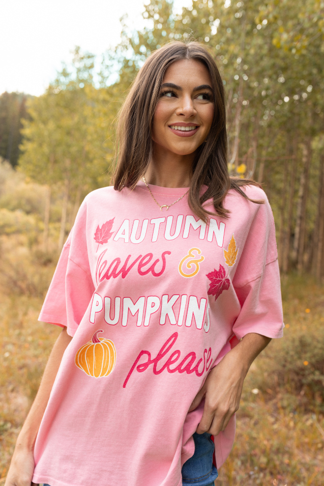Autumn Leaves & Pumpkins Please Taffy Pink Oversized Graphic Tee - Image 2